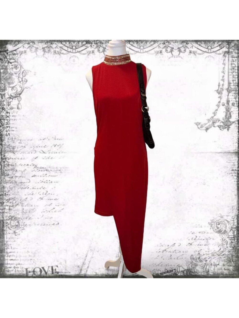 Bebe Red Asymmetrical Midi Dress Rhinestone Neck Y2K Party Dress Size Large